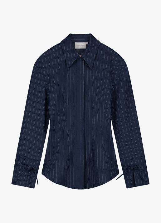 Fabienne Chapot Elvira blouse met krijtstreep - voorkant donkerblauw
