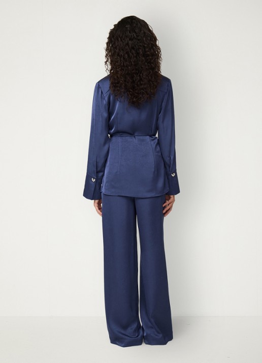Fabienne Chapot Emma blouse van satijn met strikceintuur - achterkant 5 donkerblauw