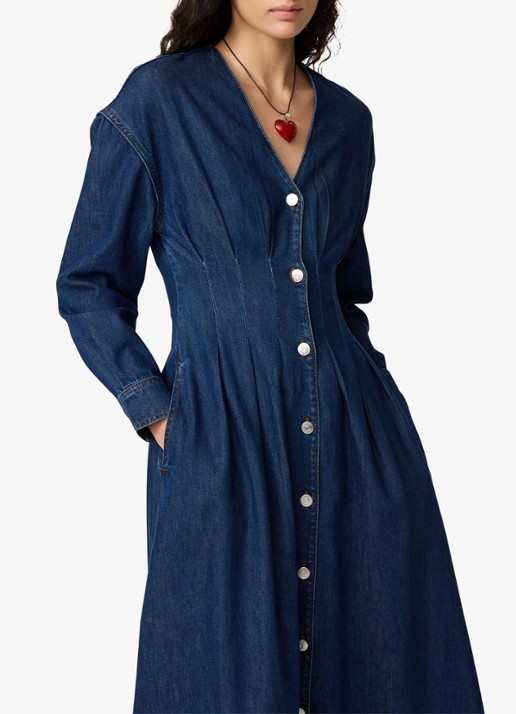 Fabienne Chapot Faith midi denim jurk met V-hals - detail donkerblauw
