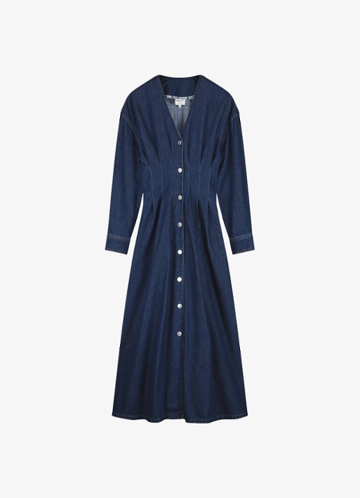 Fabienne Chapot Faith midi denim jurk met V-hals - voorkant 4 donkerblauw
