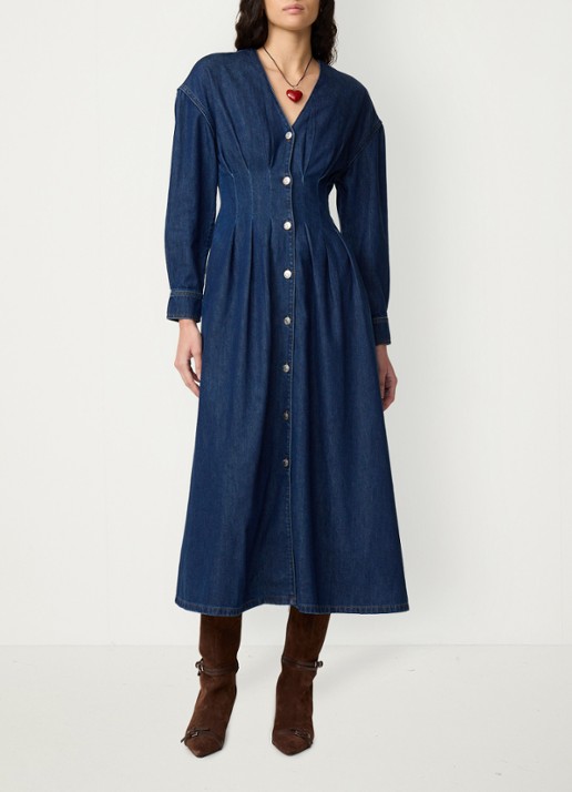 Fabienne Chapot Faith midi denim jurk met V-hals - voorkant 5 donkerblauw