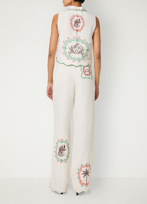 Fabienne Chapot Guicho high waist straight fit pantalon in linnenbend met borduring - achterkant 5 gebroken wit