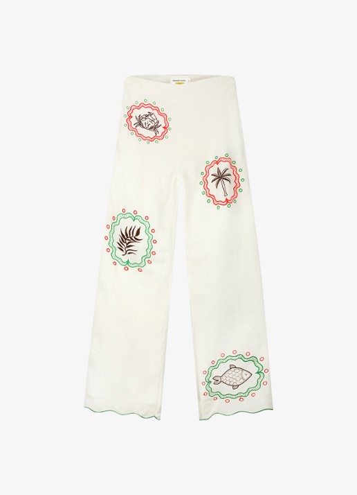Fabienne Chapot Guicho high waist straight fit pantalon in linnenbend met borduring - voorkant gebroken wit