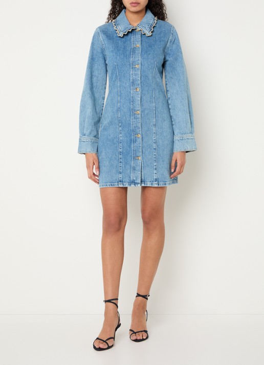 Fabienne Chapot Ina mini blousejurk van denim  - voorkant 2 indigo