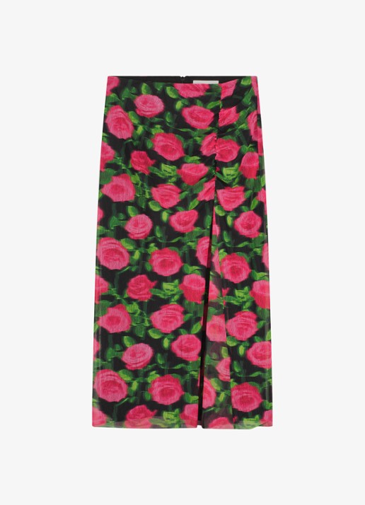Fabienne Chapot Jessy midi rok met bloemenprint - voorkant 2 fuchsia