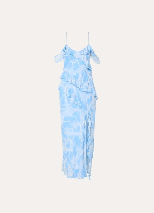 Fabienne Chapot Jule midi jurk met print en split - voorkant 2 lichtblauw