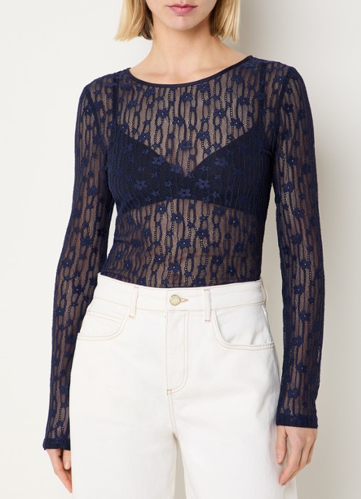 Fabienne Chapot Lacey semi-transparante top van kant - achterkant donkerblauw