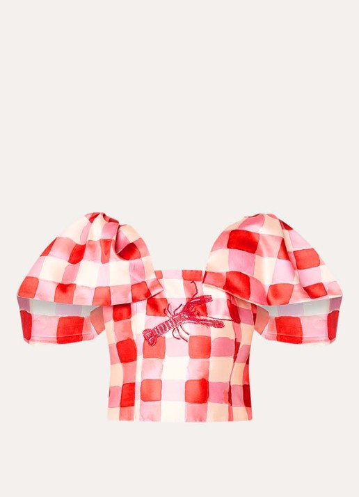 Fabienne Chapot Lana crop top met ruitdessin en kralendecoratie - voorkant rood