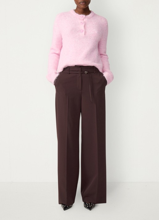 Fabienne Chapot Nelsan high waist wide fit pantalon met ceintuur - voorkant 3 chocoladebruin