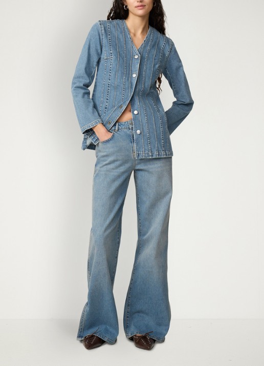 Fabienne Chapot Phielix jack van denim met V-hals - voorkant 2 indigo