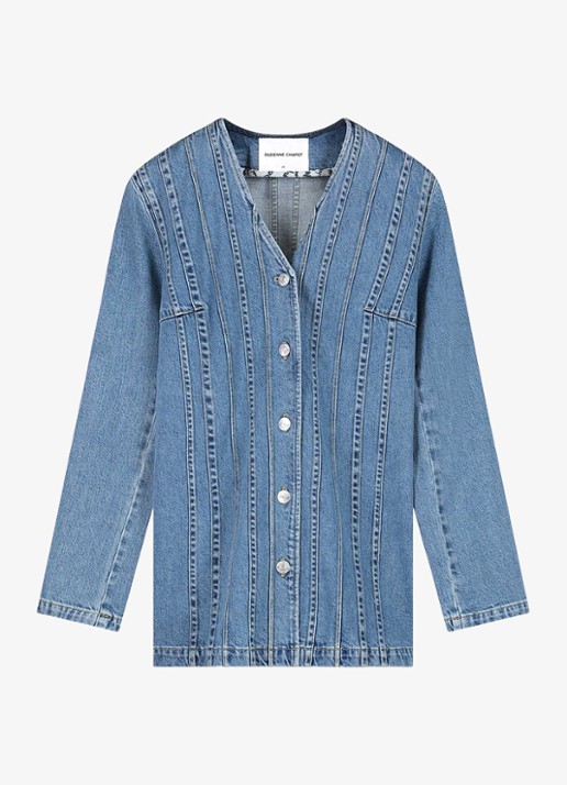 Fabienne Chapot Phielix jack van denim met V-hals - voorkant 3 indigo