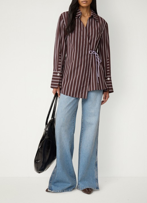 Fabienne Chapot Tamar blouse met streepprint en overslag - voorkant 5 donkerbruin