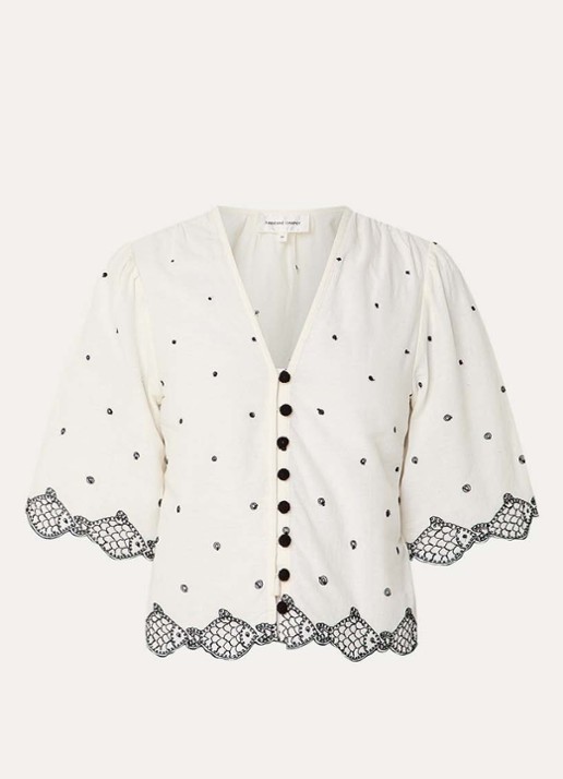 Fabienne Chapot Tylera cropped blouse met borduring en geschulpte zoom - voorkant 2 gebroken wit