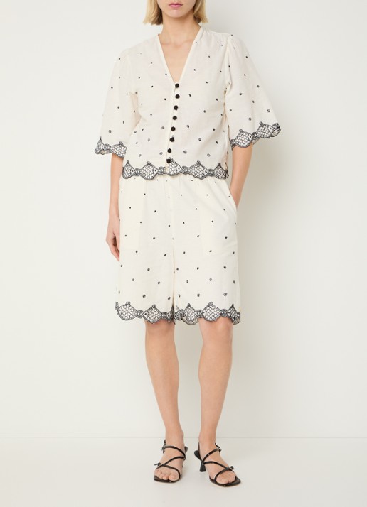 Fabienne Chapot Tylera cropped blouse met borduring en geschulpte zoom - voorkant 3 gebroken wit