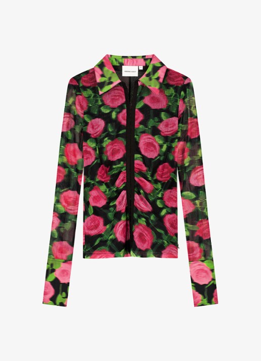 Fabienne Chapot Yanna blouse van mesh met bloemenprint - voorkant 4 fuchsia