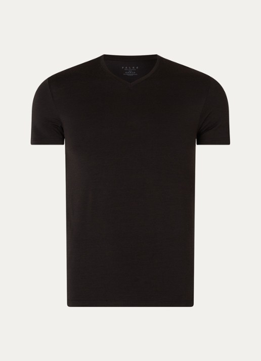 Falke T-shirt in wolblend met V-hals - voorkant zwart