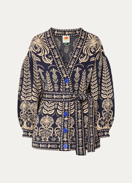 Farm Rio Ainika fijngebreid vest met strikceintuur en ingebreid patroon - voorkant 2 donkerblauw
