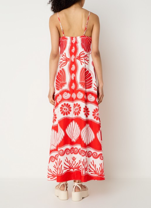 Farm Rio Ainika maxi jurk in linnenblend met bladprint - achterkant koraalrood