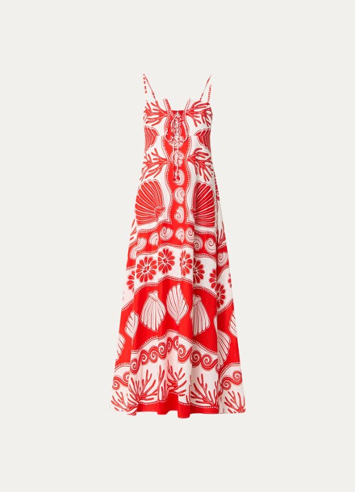Farm Rio Ainika maxi jurk in linnenblend met bladprint - voorkant 2 koraalrood