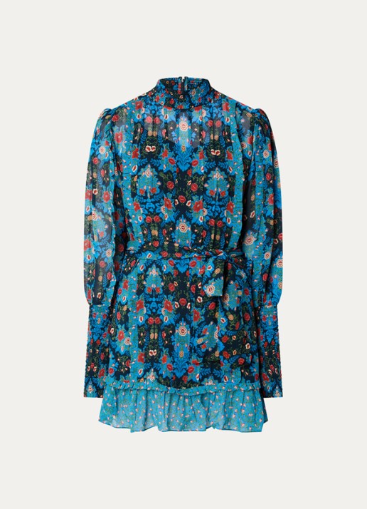 Farm Rio Arabesque semi-transparante mini jurk met strikceintuur - voorkant 3 blauw