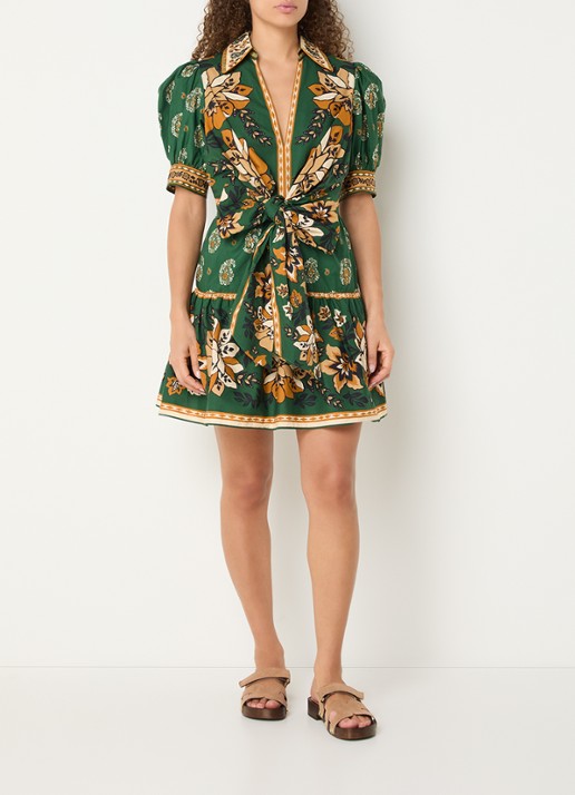 Farm Rio Ayla mini jurk met strikdetail en print - voorkant 2 legergroen