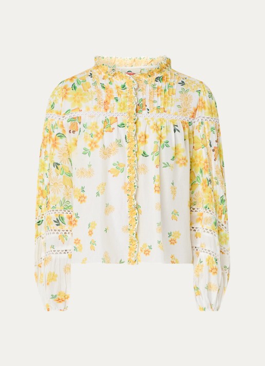 Farm Rio Azaleia blouse met bloemenprint en opengewerkt detail - voorkant 4 geel