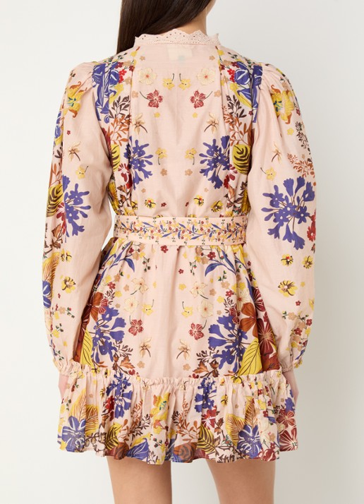 Farm Rio Beauty Bouquet mini blousejurk met bloemenprint en ceintuur - achterkant 5 oudroze