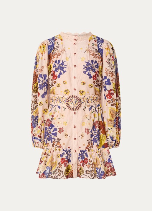 Farm Rio Beauty Bouquet mini blousejurk met bloemenprint en ceintuur - voorkant oudroze