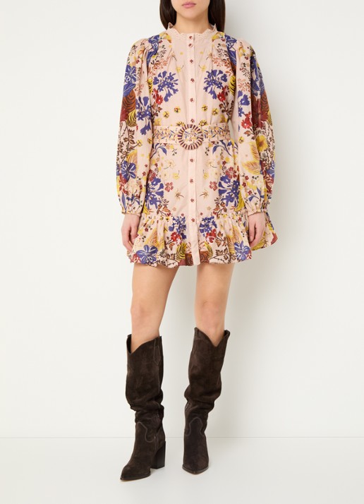 Farm Rio Beauty Bouquet mini blousejurk met bloemenprint en ceintuur - voorkant 2 oudroze