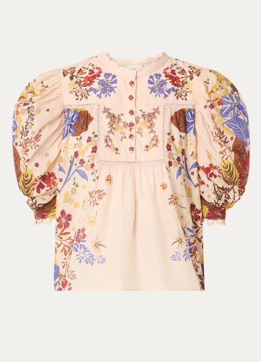 Farm Rio Beauty Bouquet tuniek met pofmouw en bloemenprint - voorkant zalmroze