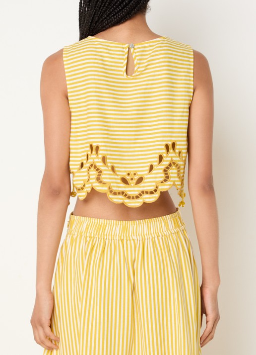 Farm Rio Bicolor top in linnenblend met cut-out detail - achterkant 4 geel