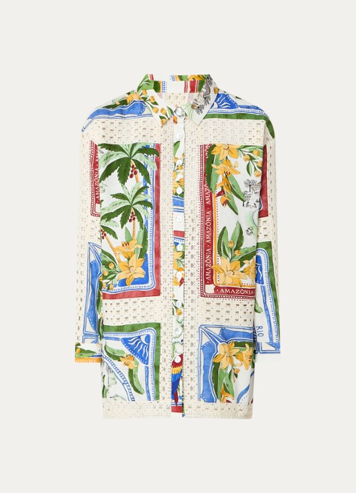 Farm Rio Blouse in linnenblend met bloemenprint - voorkant groen