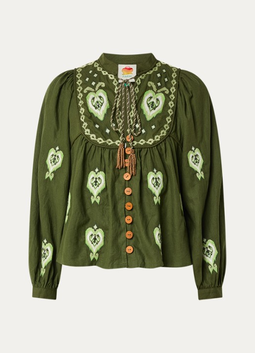 Farm Rio Blouse in linnenblend met borduring - voorkant 2 legergroen