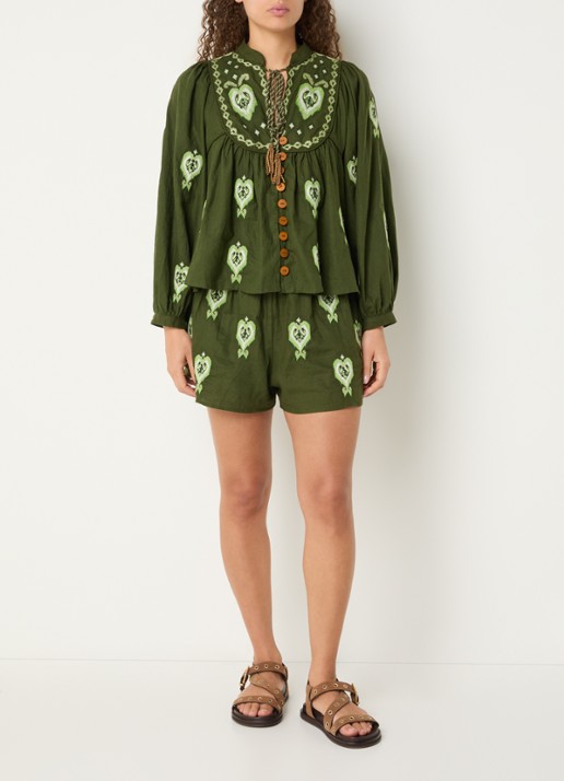 Farm Rio Blouse in linnenblend met borduring - voorkant 3 legergroen
