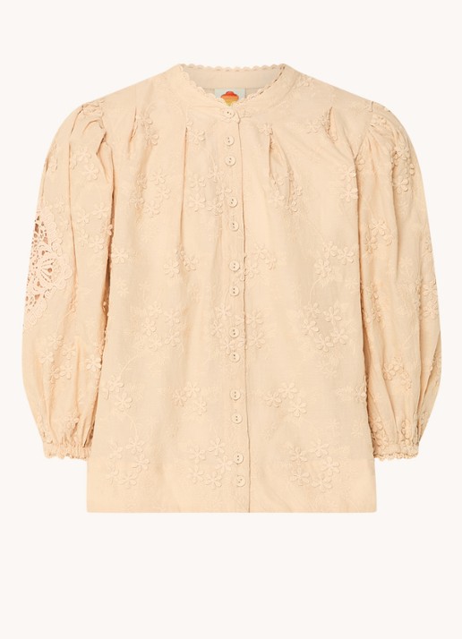 Farm Rio Blouse met borduring en ballonmouw - voorkant zand