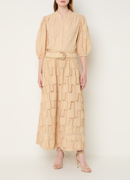 Farm Rio Blouse met borduring en ballonmouw - voorkant 2 zand
