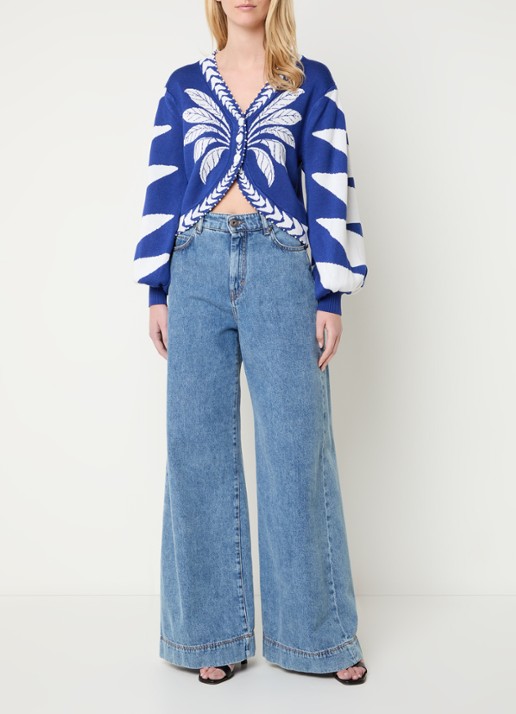 Farm Rio Blue Palm fijngebreid vest met bladprint - voorkant 4 royalblauw