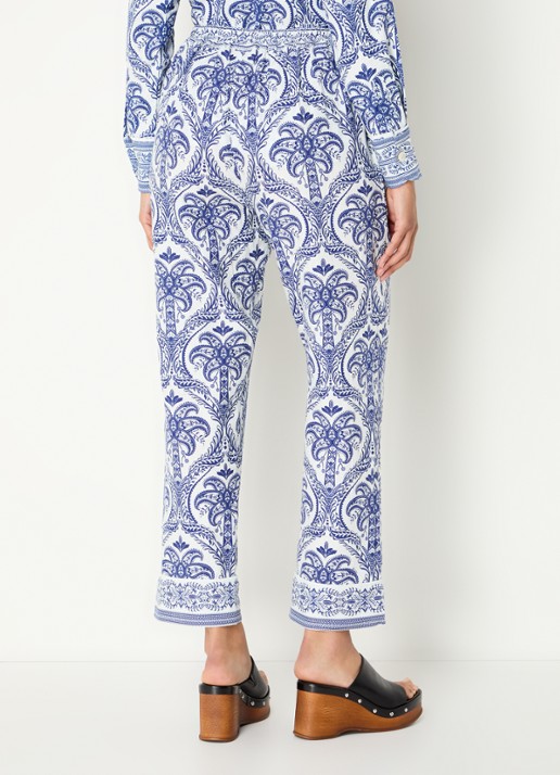 Farm Rio Blue Tropical mid waist straight fit cropped broek in linnenblend met paisley dessin - achterkant 2 kobaltblauw