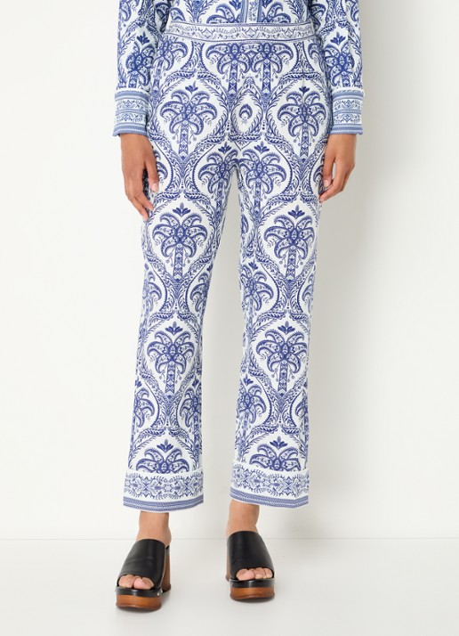 Farm Rio Blue Tropical mid waist straight fit cropped broek in linnenblend met paisley dessin