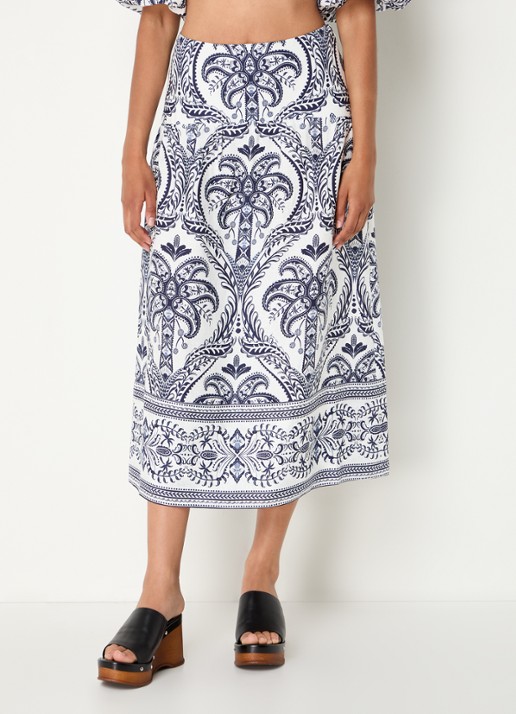 Farm Rio Blue Tropical midi rok van linnen met paisley dessin