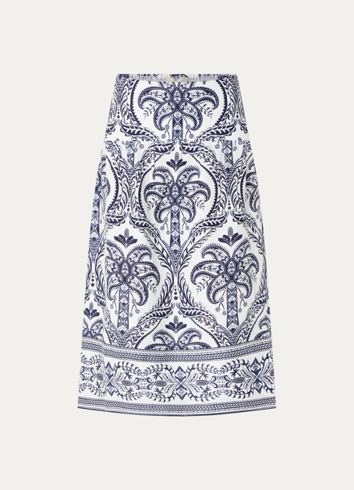 Farm Rio Blue Tropical midi rok van linnen met paisley dessin - voorkant gebroken wit