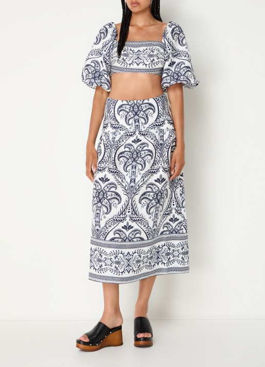 Farm Rio Blue Tropical midi rok van linnen met paisley dessin - voorkant 2 gebroken wit
