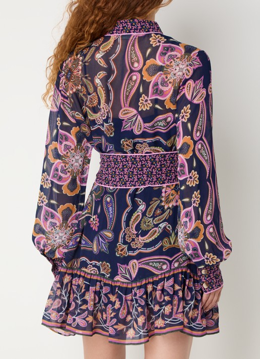 Farm Rio Boho mini tuniekjurk met paisley dessin en strikceintuur - achterkant donkerblauw