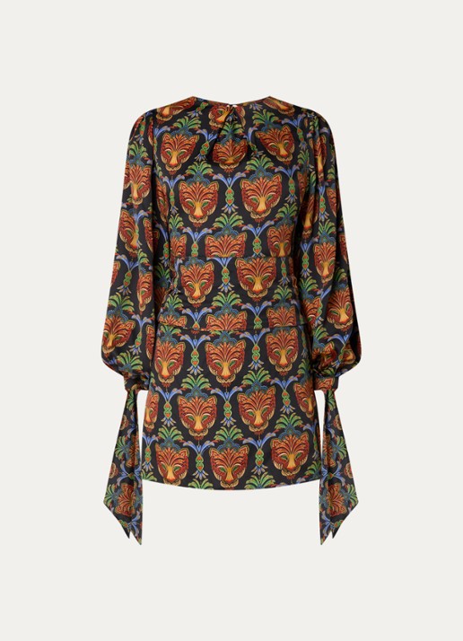 Farm Rio Boho mini tuniekjurk met print en strikceintuur - voorkant 2 zwart