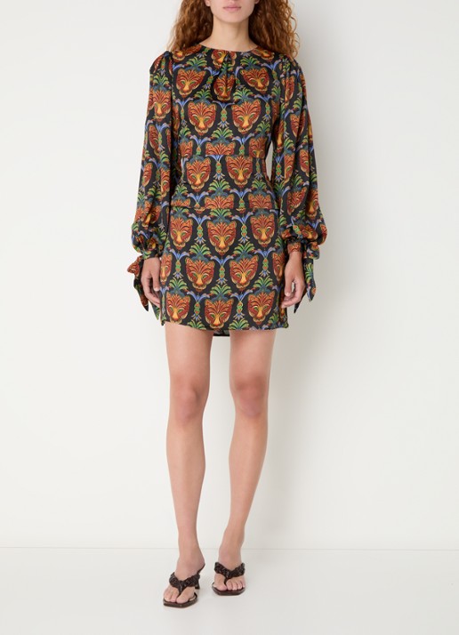 Farm Rio Boho mini tuniekjurk met print en strikceintuur - voorkant 3 zwart