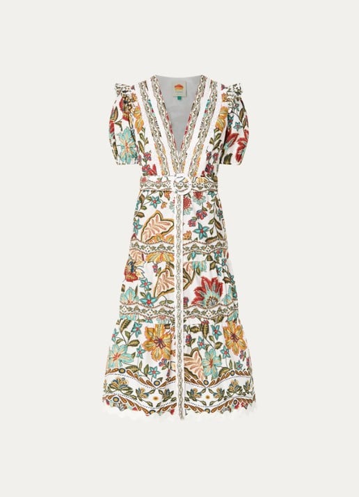 Farm Rio Botanicals midi jurk met bloemenprint en ceintuur - voorkant 3 gebroken wit