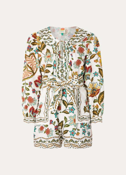Farm Rio Botanicals straight fit playsuit in linnenblend met print - voorkant gebroken wit