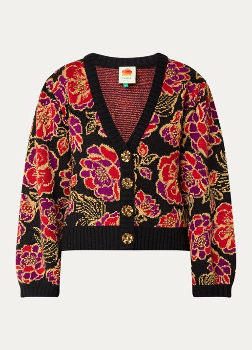Farm Rio Chita grofgebreid vest in wolblend met bloemenprint en lurex - voorkant zwart