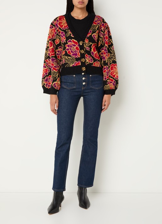 Farm Rio Chita grofgebreid vest in wolblend met bloemenprint en lurex - voorkant 2 zwart