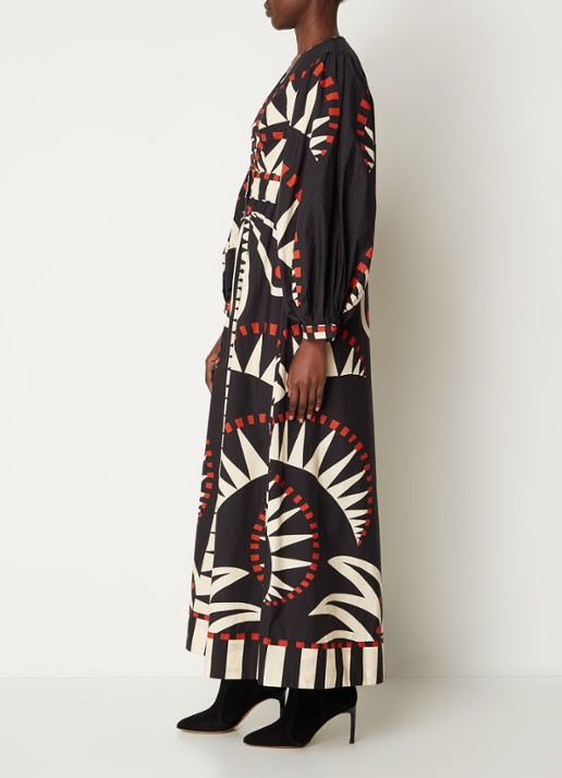 Farm Rio Coconut maxi jurk met bladprint en pofmouw - voorkant 3 zwart
